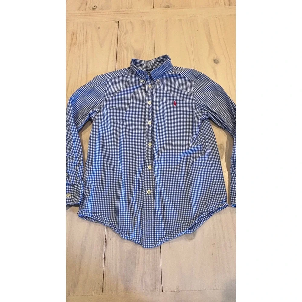 Ralph Lauren Kids Blue White Gingham Button Down Shirt Size M 10-12 Preppy